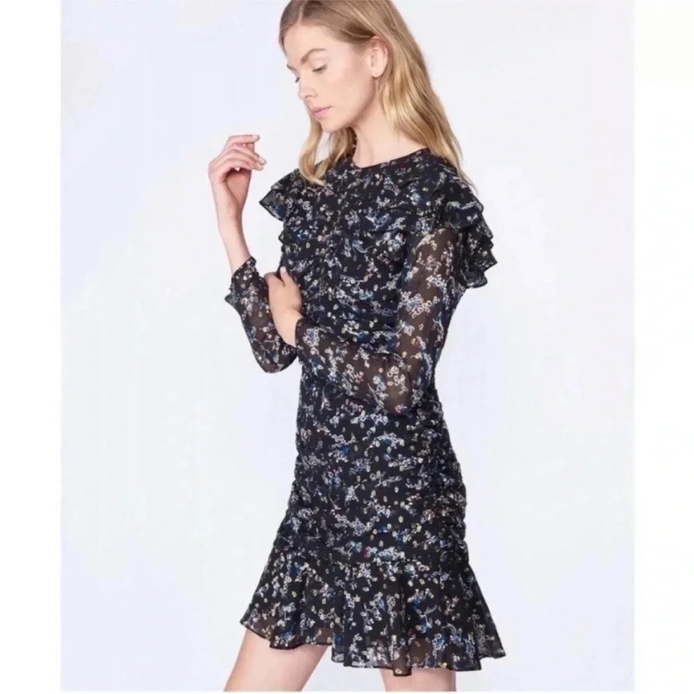 Veronica Beard Parc Black Ruched Floral Ruffle Dress 4